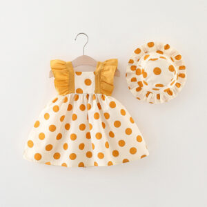2-Piece Summer Baby Girl Cotton Dress And Hat With Hollowed Out Lace Polka Dot Sleeveless Korean Version Baby Dress