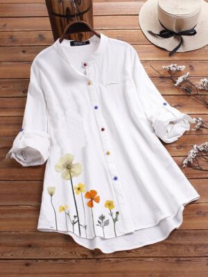 Women’s Button Down Round Neck Shirt Classic Long Sleeved Fashion Shirt Floral Pattern Office Work Shirt Blouse