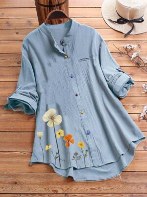 Women’s Button Down Round Neck Shirt Classic Long Sleeved Fashion Shirt Floral Pattern Office Work Shirt Blouse