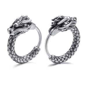 Vnox Retro Dragon Head Huggie, Vintage Stainless Steel Men Hoop Earrings, Cool Tranditinal Chinese Lucky Almut Boy Jewelry
