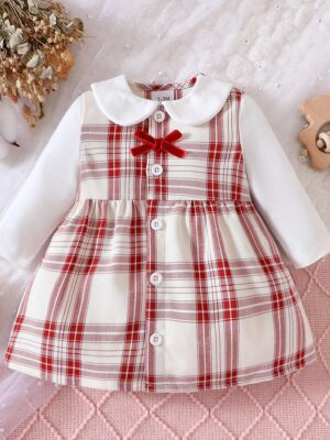 Girls Dress With A Ruffled Collar Long Sleeved Button Up Bow Tie Fluffy Skirt Plaid Pattern Fashionable New Home Style