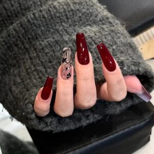 Waterproof Long Trapezoidal Shape French Fake Nails Vintage Style Wine Red Wearable Manicure Almond False Nail Full Cover Press on Nails Girl