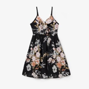 PatPat Family Matching Colorblock Stripe T-shirt and Floral Open-shoulder Ruffle Hem Chiffon Dress Set Suitable for Summer