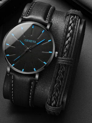 Watch + Bracelet 2023 Minimalist Men’s Fashion Ultra Thin Watches Simple Men Business PU Leather Strap Quartz Watch