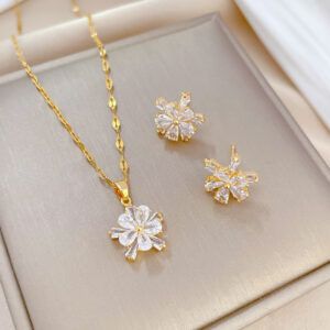 DIEYURO 316L Stainless Steel Lovely White Crystal Flower Charm Necklace Earrings For Women Girl New Trendy Jewelry Set Gift