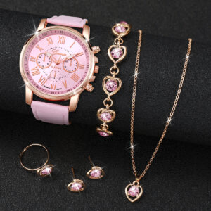 6PCS/Set Fashion Women’s Quartz Watch Leather Band Analog Wrist Watches Heart Rhinestone Jewelry Set(Without Box)