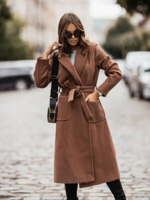 Minimalist double breasted long sleeved lapel button down woolen jacket for women Korean design fashionable and personalized
