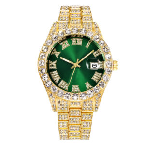 Fashion Business Diamond-Studded Men’s And Women’s Watches Roman Scale Calendar Hip Hop Watch Gold Green Full Diamond Watch
