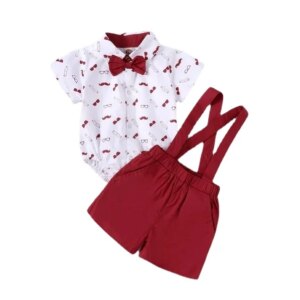 0-2Y Summer Toddler Boys 2PCS Clothes Set Short Sleeve Bodysuit with Bow+Suspender Shorts Infant Wedding Party Gentleman Outfit