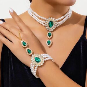 2PCS Elegant Multilayer Imitation Pearl Necklace Bracelet For Women Luxury Bridal Rhinestone Jewelry Set Wedding Jewelry