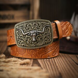 Western Cowboy PU Leather Belt – Men Waist Strap Bull Decoration Floral Engraved for Jeans