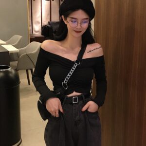 Autumn Sexy Off Shoulder T Shirt Women Fashion Casual Solid Color Tshirt Trendy Slim Crop Tops New Long Sleeve Tops