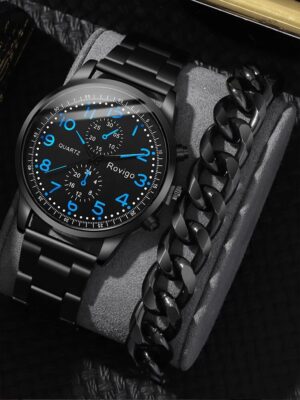 2pcs Fashion Versatile Casual Men’s Circular Digital Scale Steel Band Quartz Watch with Chain Bracelet Set