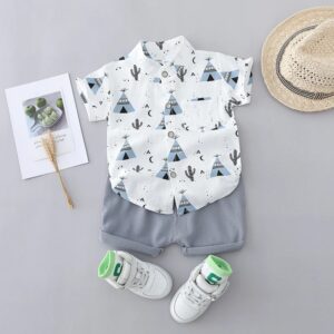 2PCS Children’s Summer 100% Cotton Random Full Print Triangle Pattern Short Sleeved Stand up Collar Shirt and Shorts Set