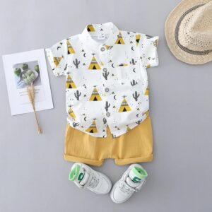2PCS Children’s Summer 100% Cotton Random Full Print Triangle Pattern Short Sleeved Stand up Collar Shirt and Shorts Set