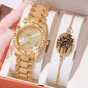 2PCs Women’s Fashion Versatile Diamond Steel Band Gold Quartz Watch+Bracelet Set