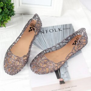 Summer women sandals flat-soled crystal clogs hollow flat-soled slip-ons shallow mouth Roman jelly shoes beach sandals