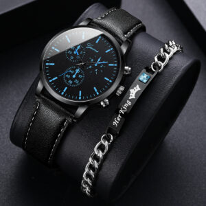 2PCS/Set Men Business Watch Casual Leather Band Analog Quartz Watches Bracelet Set