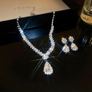 3 Pieces Of Fashionable Women’s Water Drop Necklaces And Earrings Set For Wedding Season, Banquet And Party Accessories-2910