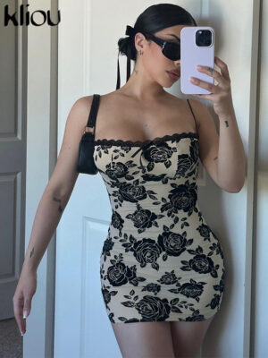 Kliou Rose Print Lace Patchwork Mini Dress For Women Backless Spaghetti Strap Sensual Sexy Seaside Vacation Female Party Bodycon