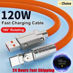 120W 7A Fast Charge USB Type C Cable 180 Degree Rotation Elbow Cable for Game for Xiaomi Redmi Honor Phone Charger USB C Cable