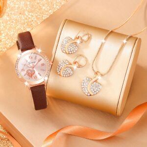 6Pcs Ladies Fashion Simple Designer Star Digital Rhinestone Leather Quartz Watch Full Of Diamond Powder Crystal Love Jewelry Set