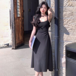 Women Dress Fashion Solid Color Square Collar Minimalist style Temperament Suspender Dress