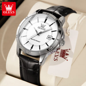 OLEVS Men’s Watches Top Brand Original Quartz Watch for Man Waterproof Leather Strap Calendar Simple Fashion Daily Wear