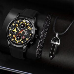 3PCS Set Fashion Mens Sports Bracelet Necklace Watches For Men Business Quartz Wrist Watch Classic Male Casual Leather Watch