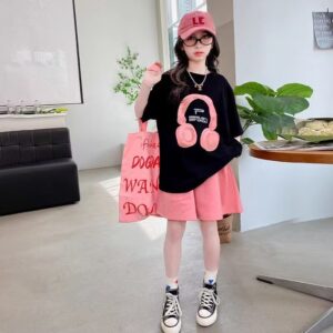 Girls Summer T-Shirt Short-Sleeved Suit Korean Version of the New Casual Summer Sports Children’s Short-Sleeved Shorts Two-Piece