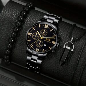3Pcs Men’s Simple Business Three Eyes Digital Calendar Luminous Hands Quartz Dteel Band Watch Fashion Necklace Bracelet Set