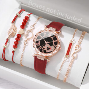 6PCS/Set Women’s Watch Fashion Roma Heart Dial Leather Band Quartz Watches Leaf Bracelets Set(Without Box)