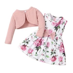 2PCS Toddler Girl Dress Set Long sleeved Plain Color Overcoat+Floral Sleeveless Dress fashion Party Wear for Infant 0-3 Years