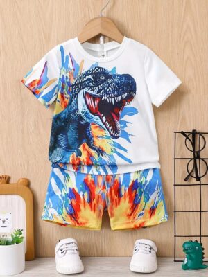 Boys Cartoon Dinosaur Outfit Shorts & T-shirt Short Sleeves Crew Neck Casual Summer Kids Clothes