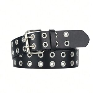 Black punk style personality Fashion belt Double riveted hole belt Black Metal Adjustable size for women men (110cm long)