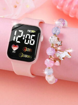 1pcs Ladies Love Pink Silicone LED Electronic Watch +1pcs Unicorn Crystal Bracelet Set for MOTHER’S Day Exclusive Gift