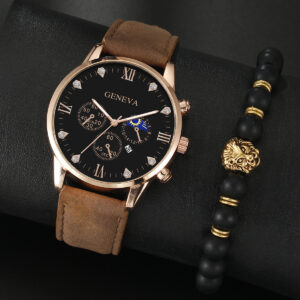 2PCS Men’sFashion Classic Mens Watches Versatile Trend Business Calendar Belt Quartz Watch Alloy Lion Bracelet