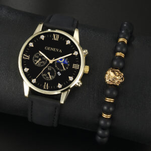 2PCS Men’sFashion Classic Mens Watches Versatile Trend Business Calendar Belt Quartz Watch Alloy Lion Bracelet