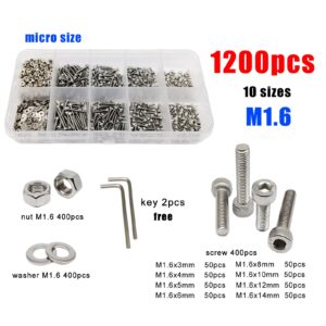 1200pcs/box 10 Sizes M1.6 Hex Hexagon Socket Allen Cap Head Screw Bolt Nut Washer Assortment Kit DIN912 304 A2 Stainless Steel