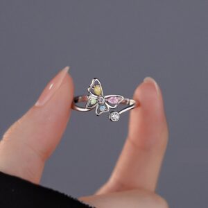 Shiny Crystal Zircon Butterfly Rings for Women Silver Color Girls Korean Sweet Cute Adjustable Finger Ring Minimalist Jewelry