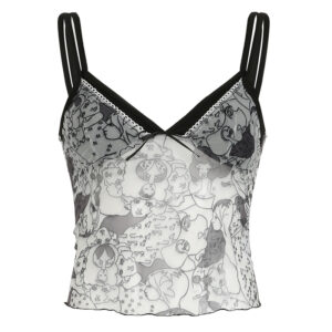 CIBBAR Harajuku Print Sleeveless Crop Top Casual Patchwork Mesh V Neck Camisole Women Summer Cute Vest Y2k Aesthetic Ladies Tees