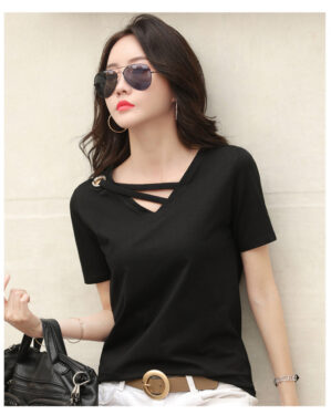Sexy V-neck Solid Design Short Sleeve Tops Korean Casual Trendy Top Women New 2024 Summer Popular T Shirt for Women