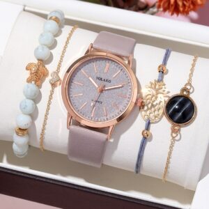 5pcs Fashion Versatile Starry Sky Women’s Belt Quartz Watch with Bracelet Combination Set