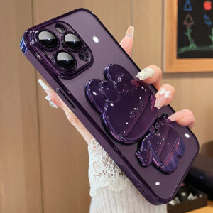 Glitter Gradient Plating Rabbit Mirror With Holder Case For iPhone 11 12 13 14 Plus 15 Pro Max Lens Protection Soft Clear Cover