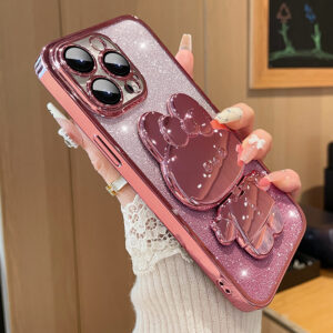 Glitter Gradient Plating Rabbit Mirror With Holder Case For iPhone 11 12 13 14 Plus 15 Pro Max Lens Protection Soft Clear Cover