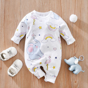 Spring And Autumn Boys And Girls Cute Cartoon Rainbow Elephant Print Cotton Comfortable Long Sleeve Baby Bodysuit