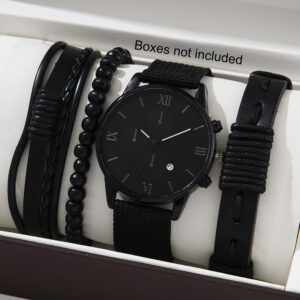 New Men’s Watch Luxury Bracelet Multi Piece Set Fashion Business Black Leather Quartz Watch Men’s Gift Set Reno Masculino
