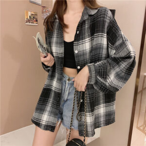 Women Tartan Shirt Long Sleeve Collared Button Up Oversized Plaid Shirt Jacket Grunge Fashion Teenage Girl Spring Summer Outfit