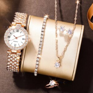 6Pcs Women’s Fashion Trend Luxury Luxury Rhinestone Roman Quartz Watch Butterfly Rhinestone Necklace Ring Bracelet Gift Set