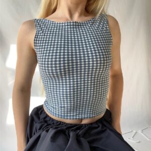 Xeemilo Korean Fashion Bow Backless Tank Top 2023 Casual Streetwear Plaid Print Sleeveless Crop Tops Summer Slim Fashion Corsets